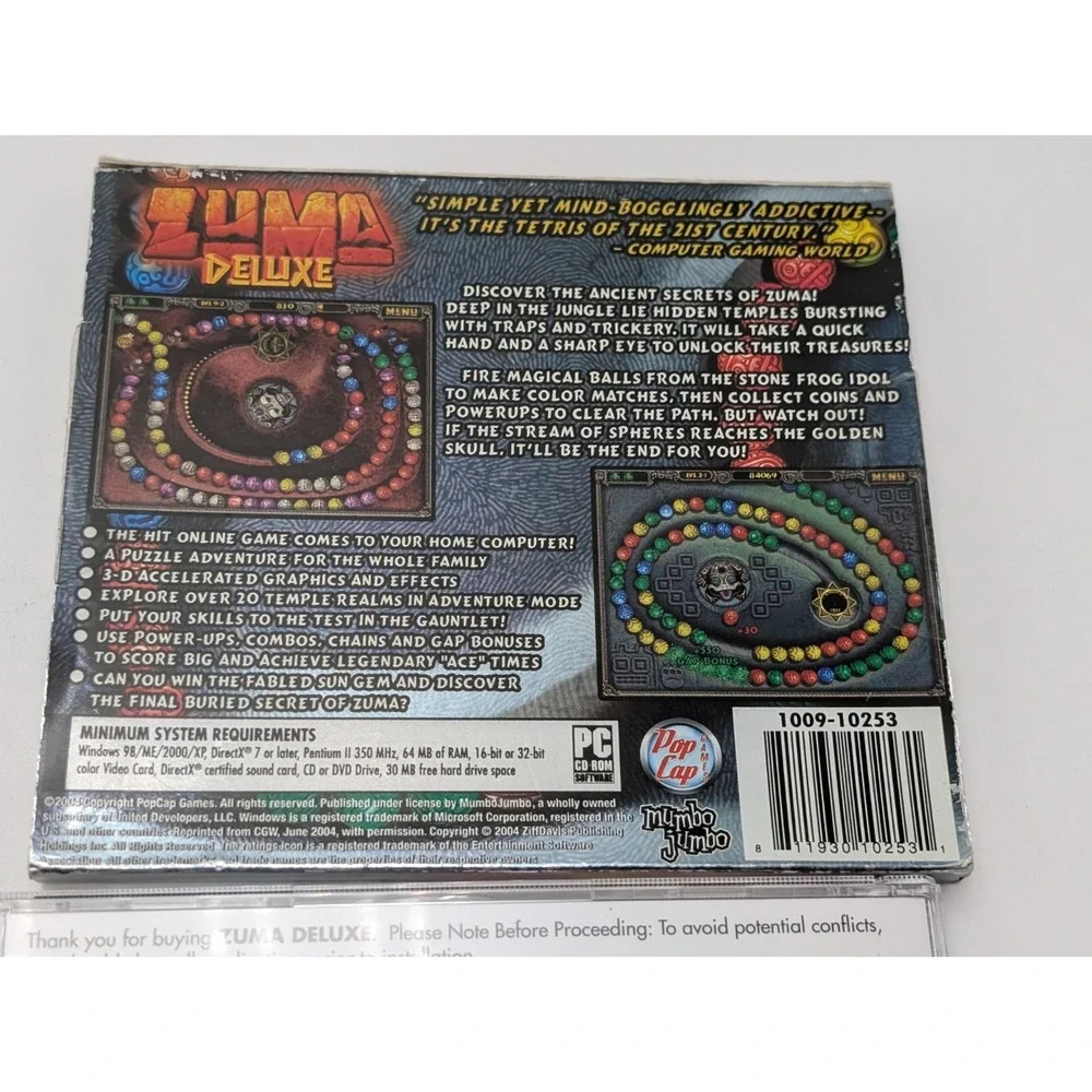 Zuma Deluxe Pop Cap Jumbo PC CD ROM Computer Video Game 2004 PopCap Game Sleeve